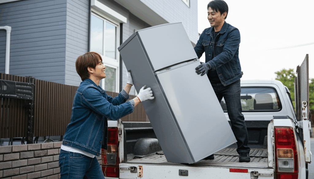 冷蔵庫をトラックに積み荷するところ