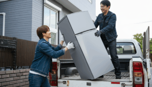 冷蔵庫をトラックに積み荷するところ