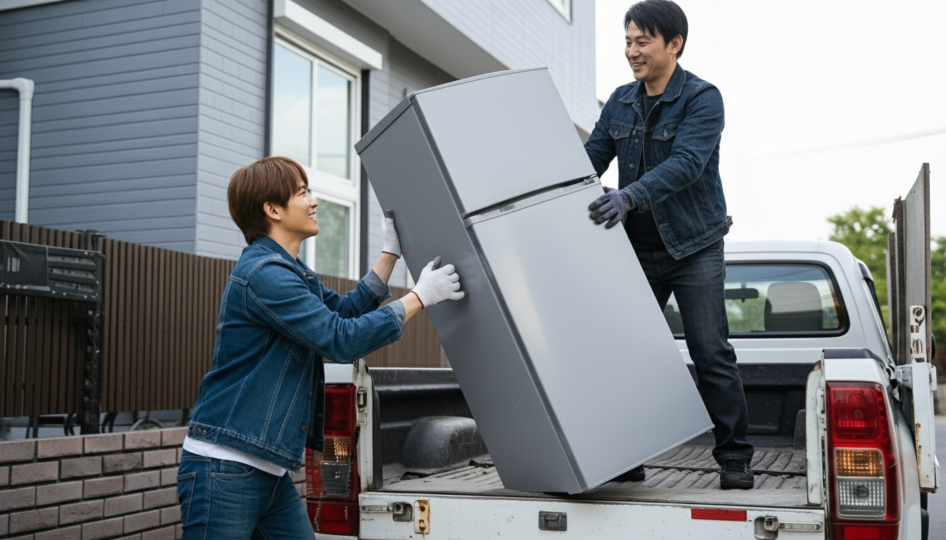 冷蔵庫をトラックに積み荷するところ