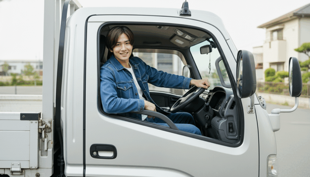 トラックから顔をだす男性