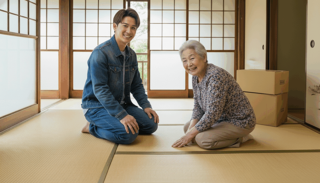 女性と男性が笑顔で座っている