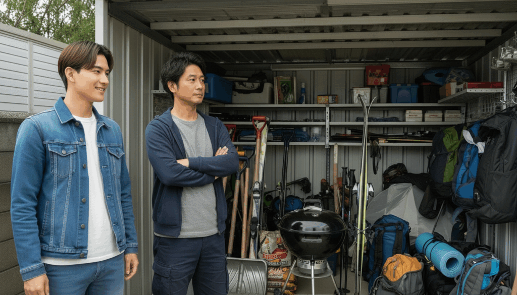 物置の前に立つ２人の男性