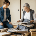 片付けをしながらアルバムを睦める男性と高齢女性