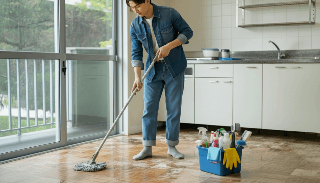 モップで床掃除する男性