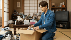 物を段ボールに詰める男性