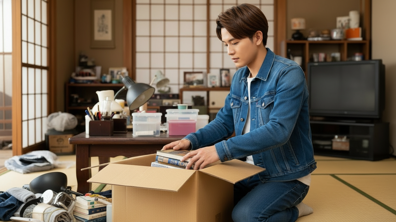 物を段ボールに詰める男性