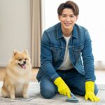 犬と、掃除する男性