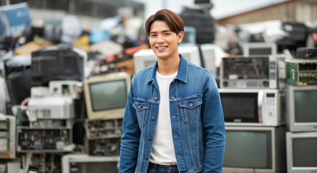 家電ゴミの前に立つ男性