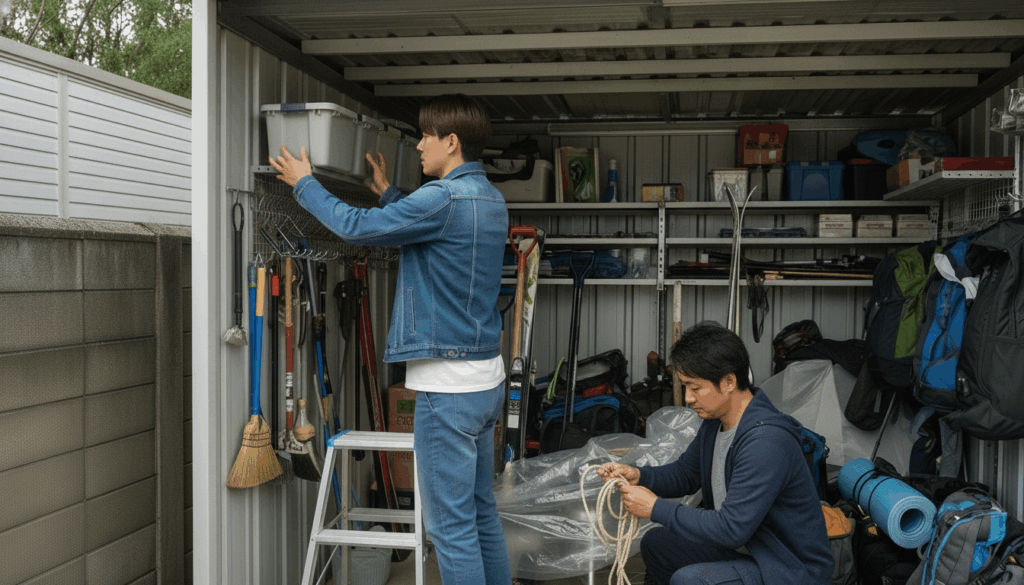 物置の片づけしてる男性