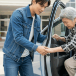 車から降りる女性をサポートする男性