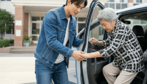 車から降りる女性をサポートする男性