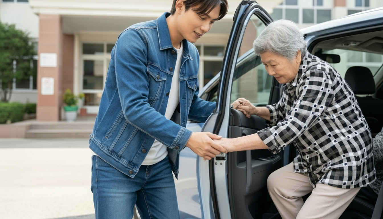 車から降りる女性をサポートする男性