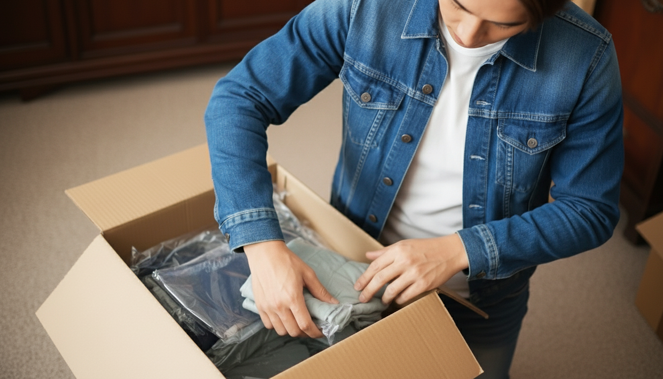 男性が段ボールに衣類を詰めている