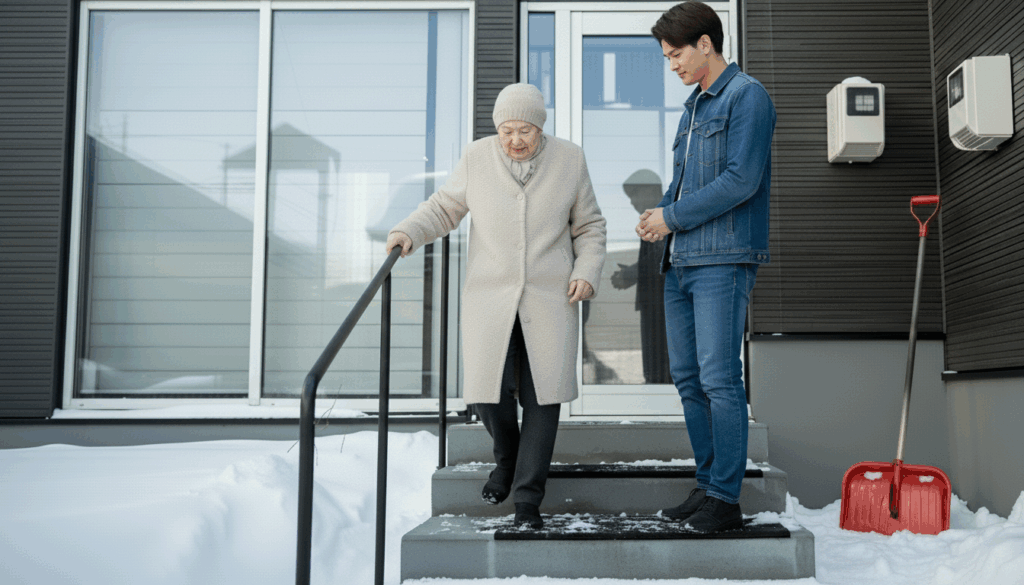 階段を下りる女性を見守る男性