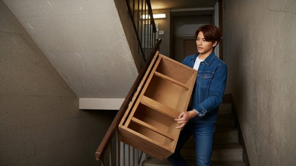 家具を上から降ろす男性