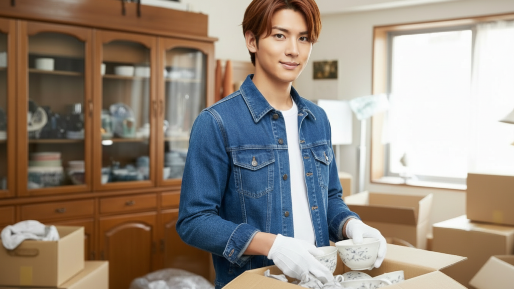 食器を段ボールに入れる男性