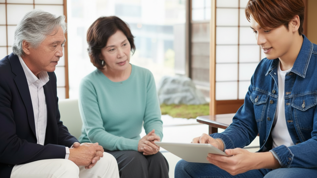 男性がタブレットを持って説明している