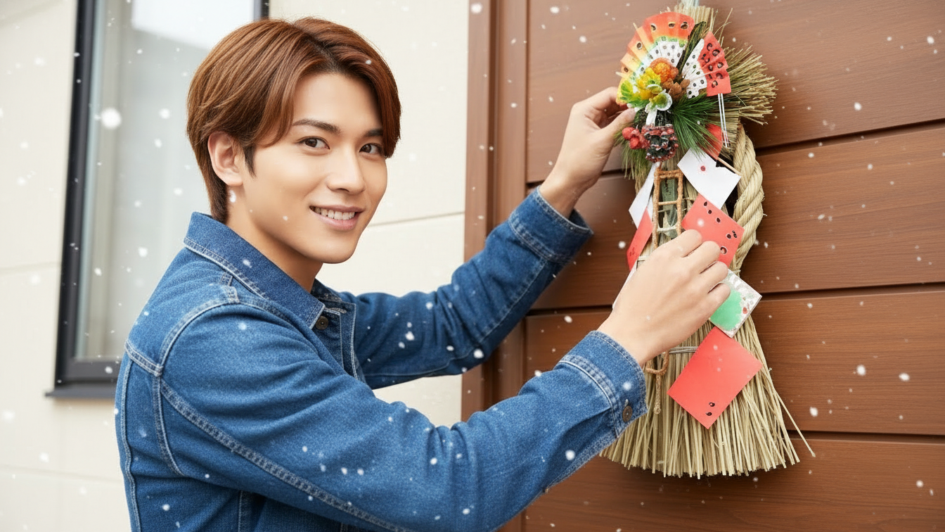 玄関に正月飾りつけする男性