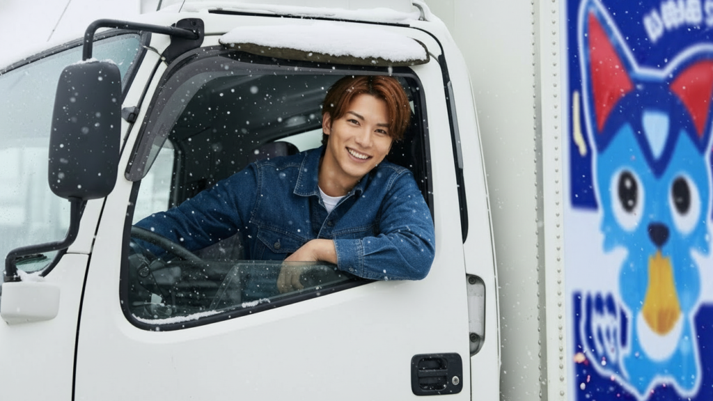 トラックから顔出す男性