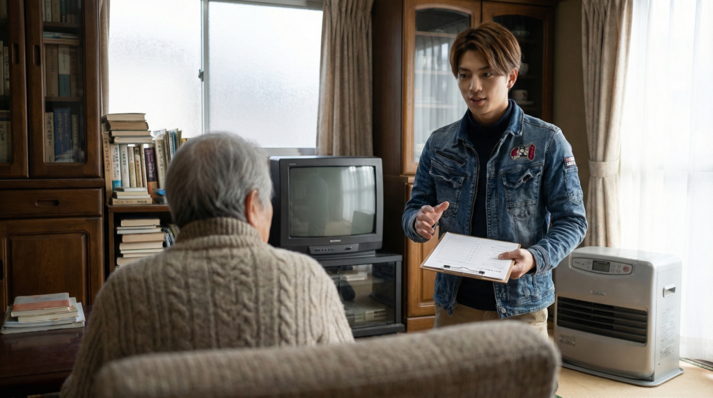 老人と会話するスタッフ