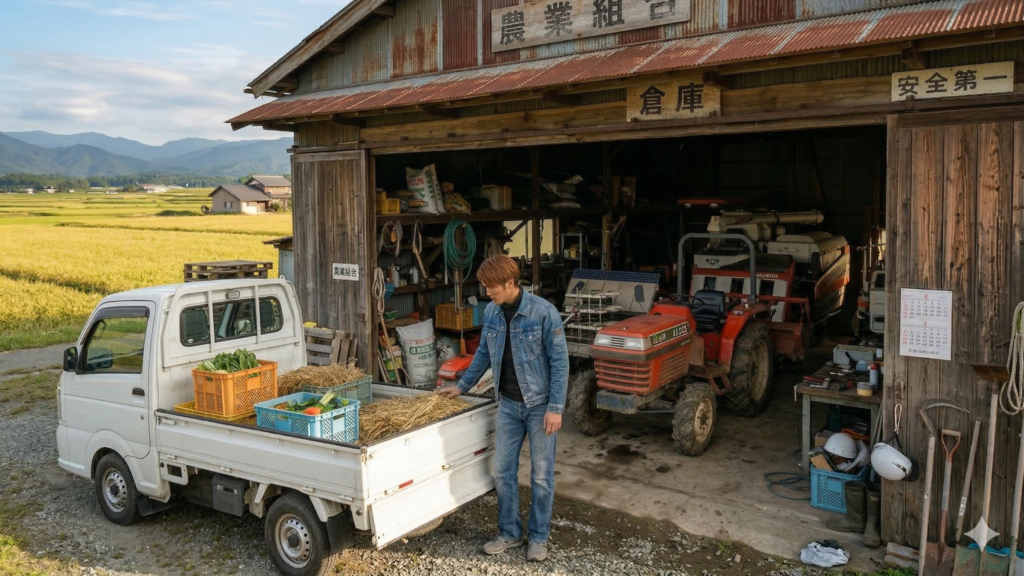 畑でトラックの横に立つ男性