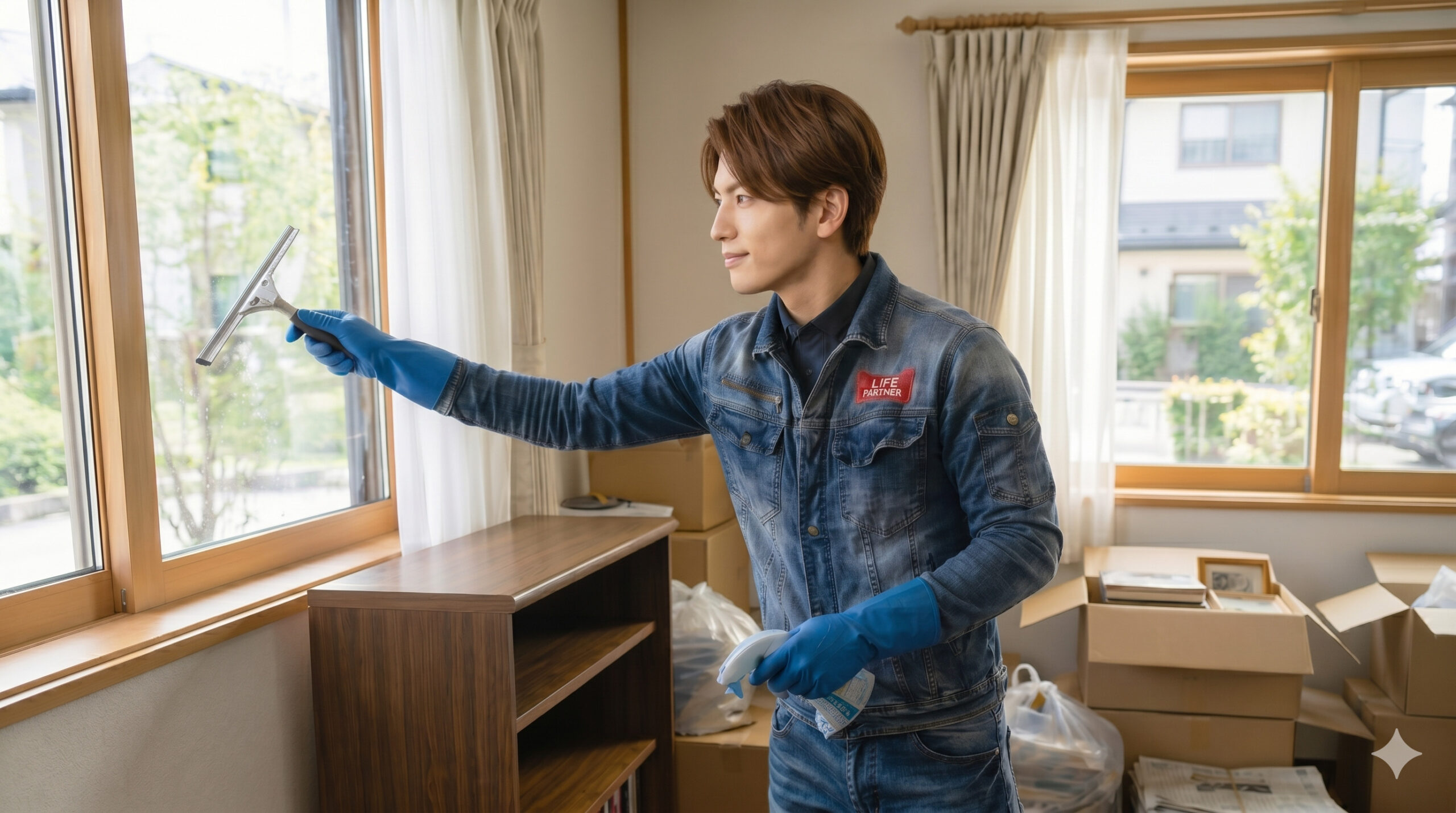 デニム作業着の男性が窓を拭いている。