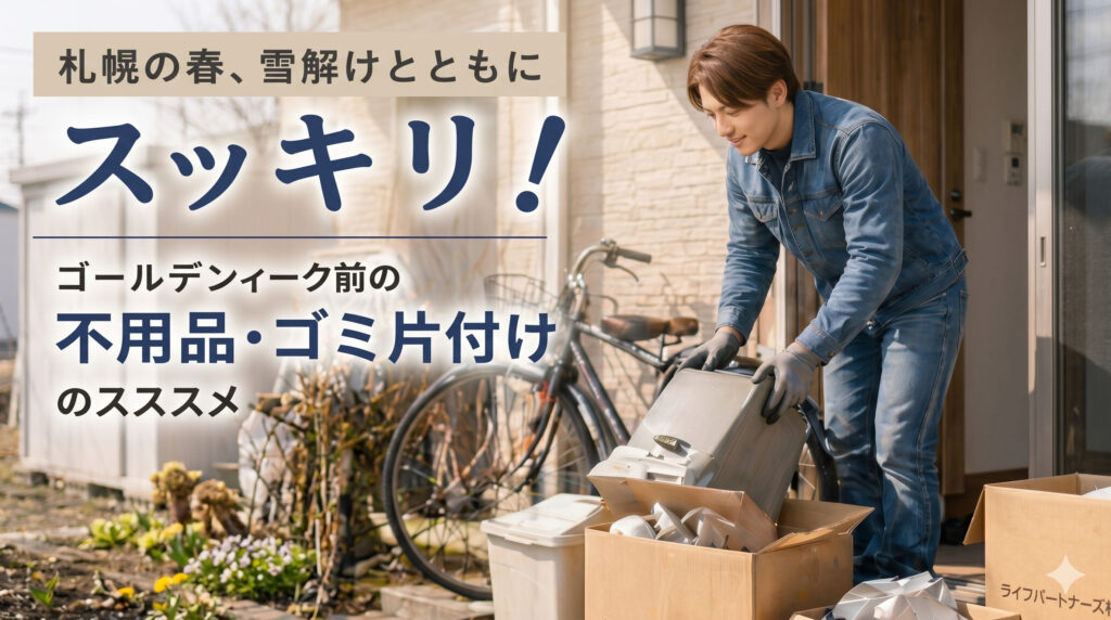 雪解け時期に玄関前で不用品を整理する男性スタッフ