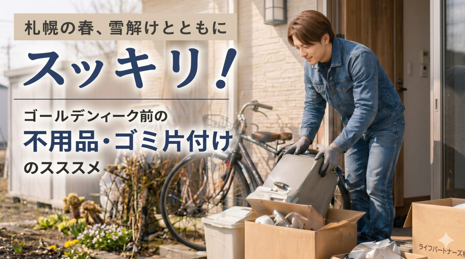 雪解け時期に玄関前で不用品を整理する男性スタッフ