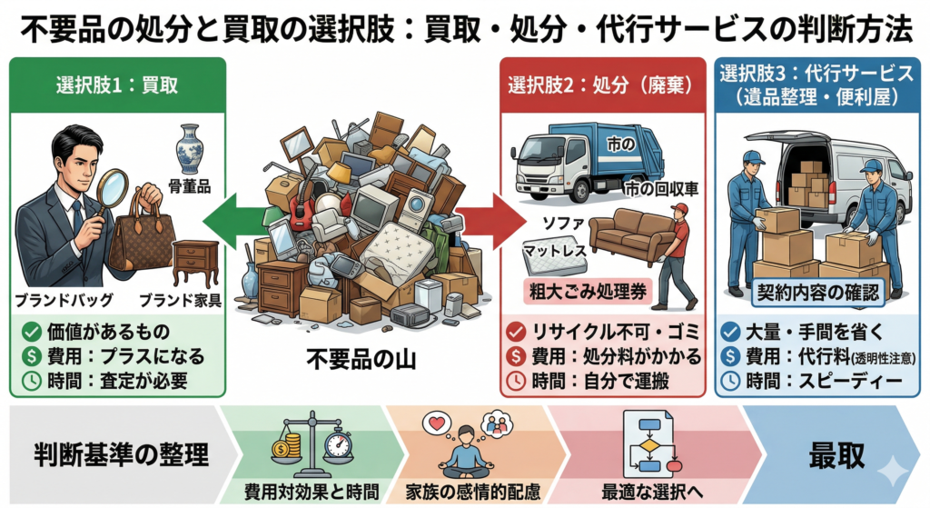 不要品の山と、それをどのように処理するかを示す選択肢（買取、廃棄、代行サービス
