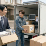 箱車トラックでパソコンや書類などオフィス不用品を回収する便利屋スタッフ