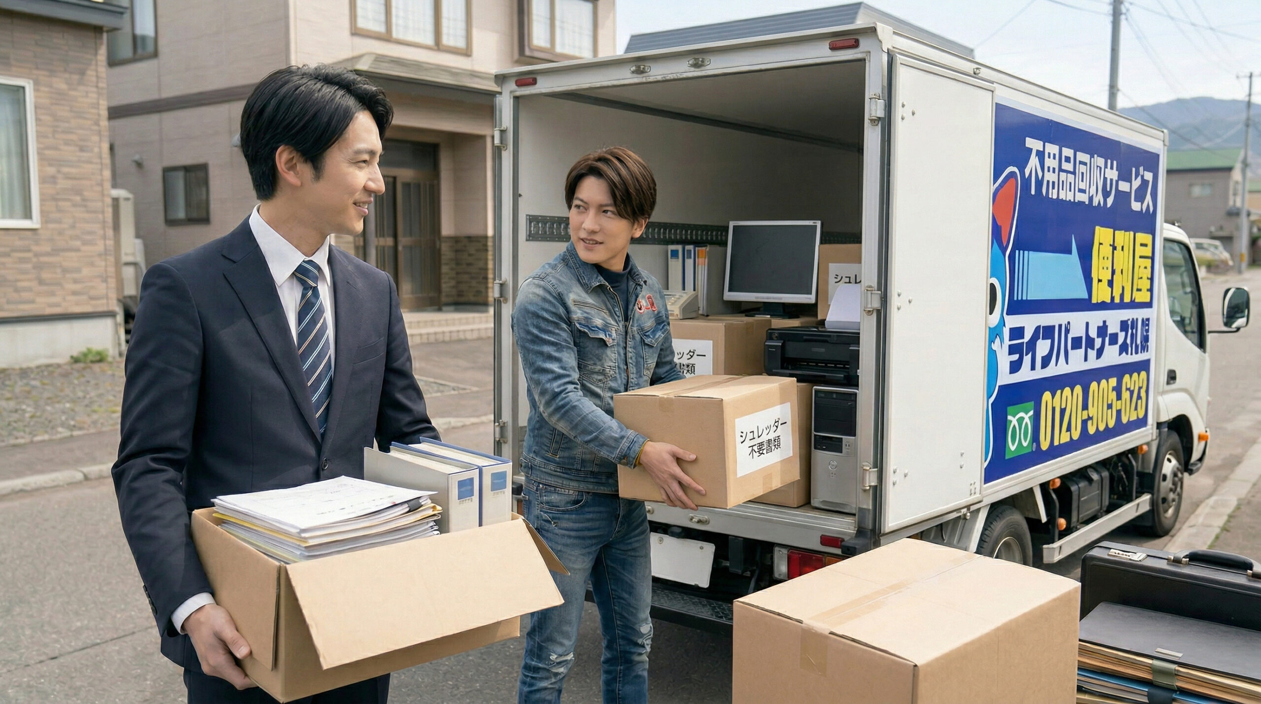 箱車トラックでパソコンや書類などオフィス不用品を回収する便利屋スタッフ