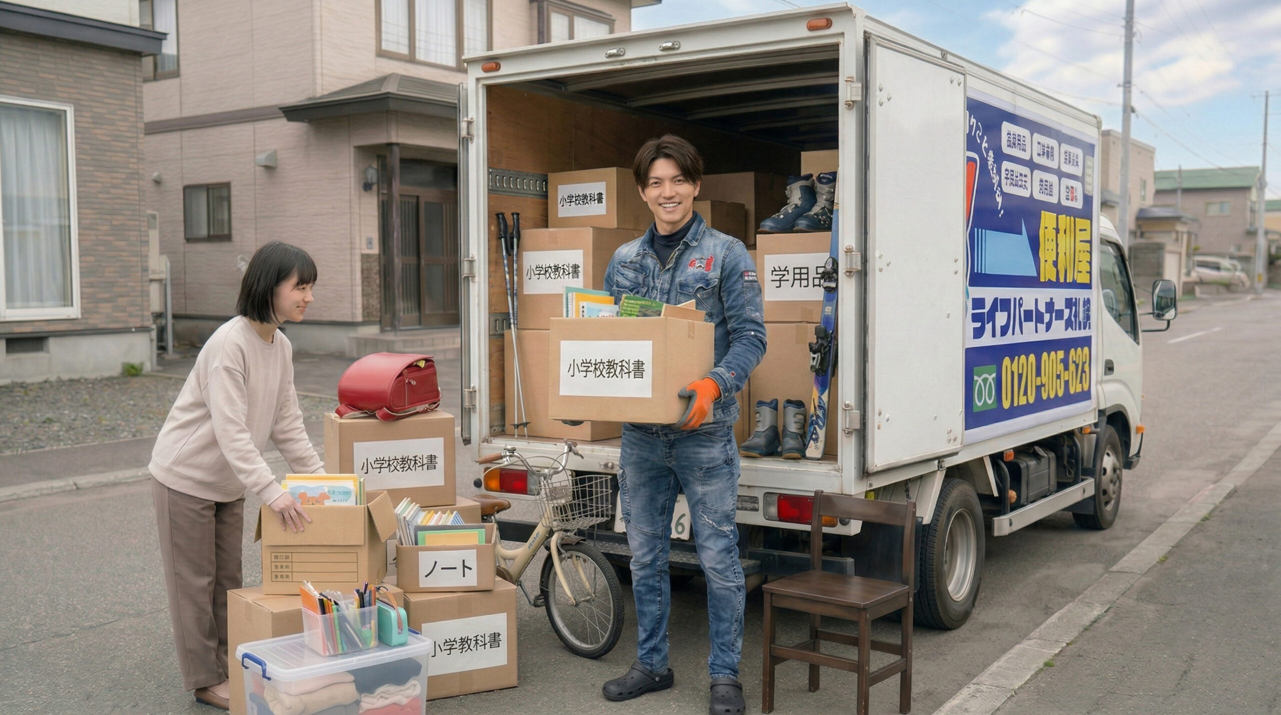 札幌で入学前の学用品や教科書を不用品回収する便利屋スタッフの作業風景