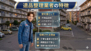 団地前で遺品整理サービスの特徴を説明する便利屋スタッフ