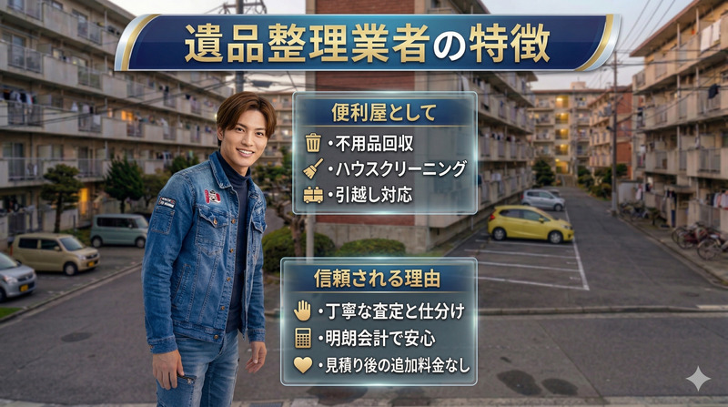 団地前で遺品整理サービスの特徴を説明する便利屋スタッフ
