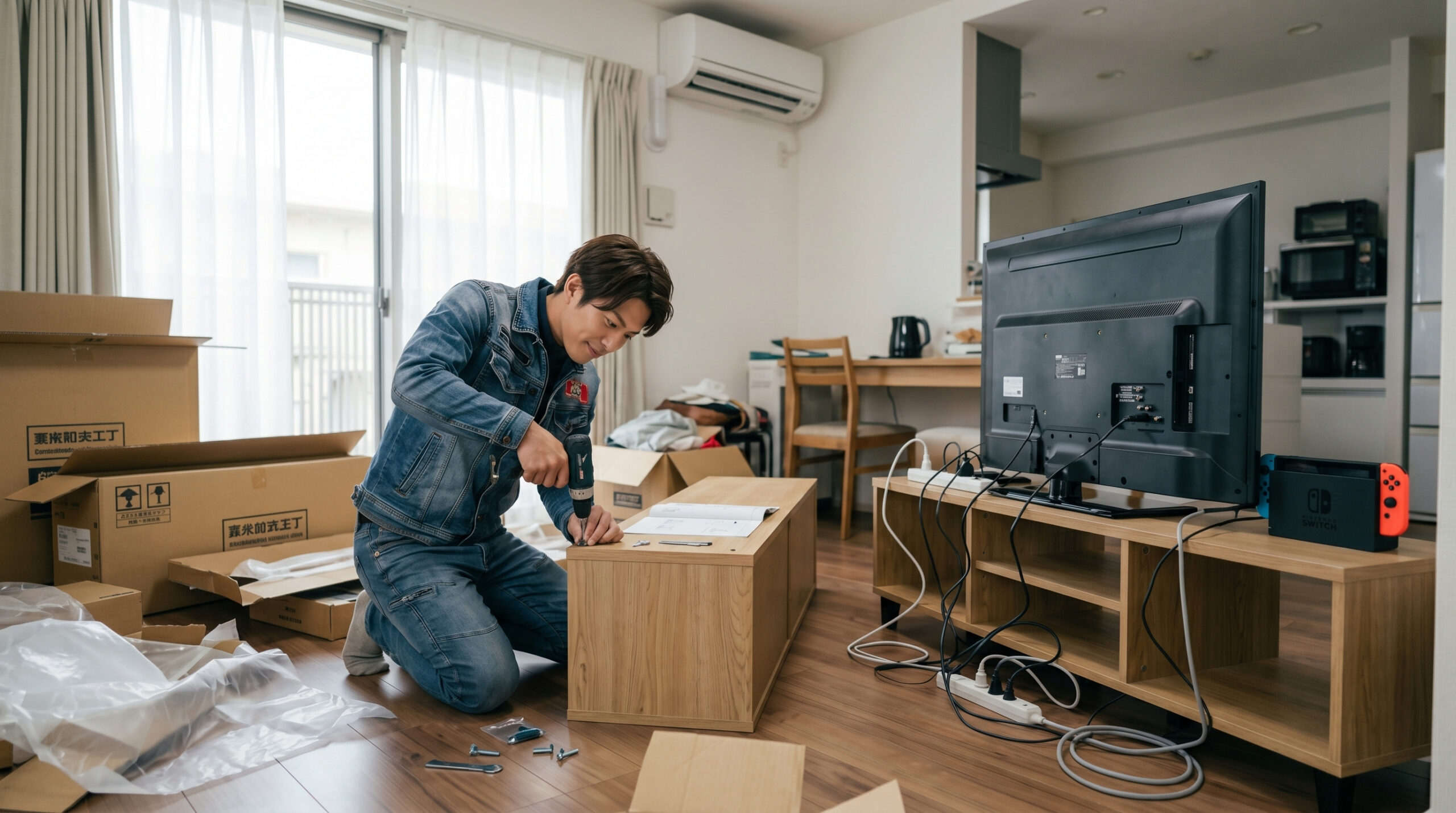 室内で不用品の仕分け作業を行う便利屋スタッフ