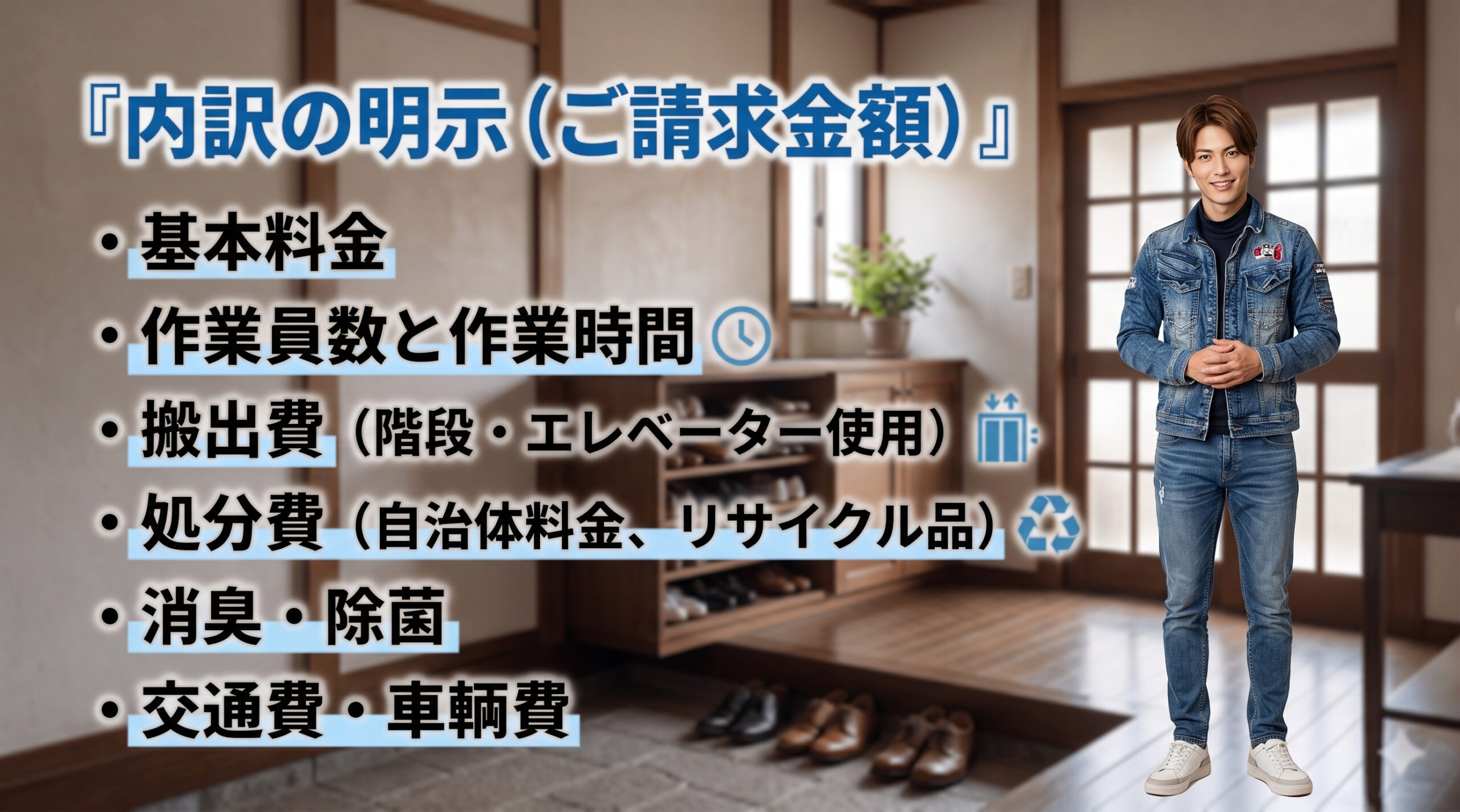 不用品回収の料金内訳を説明する便利屋スタッフのイメージ」