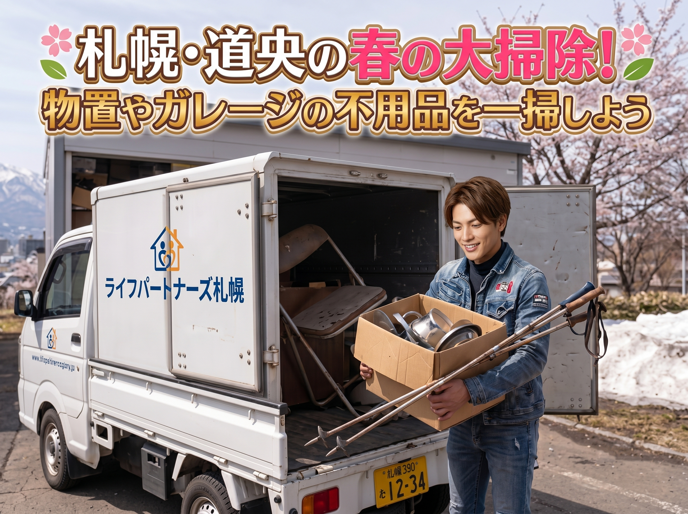 箱型トラックの後方で自転車を積み込む便利屋スタッフ