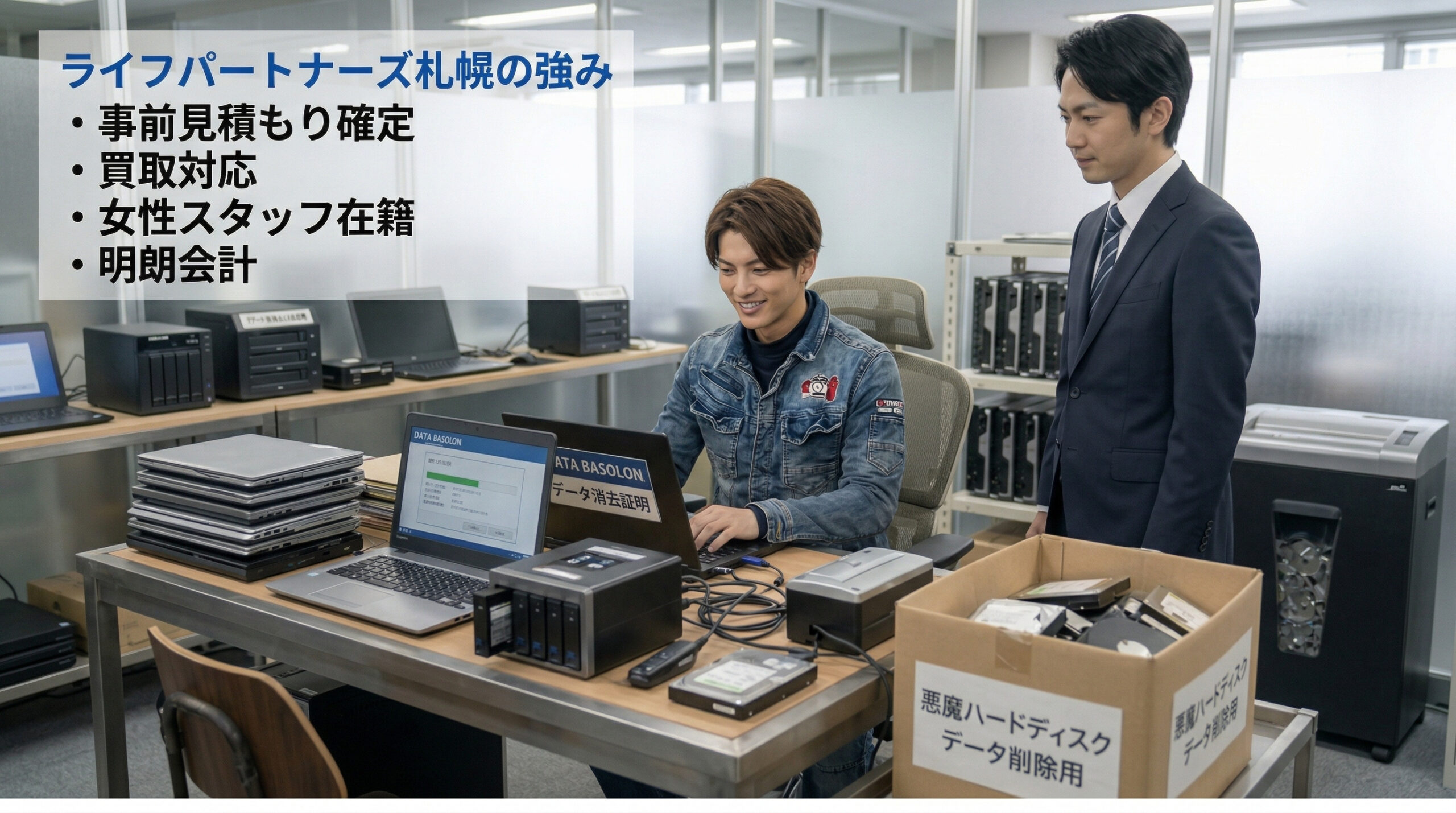 オフィスで不用品の査定を行う便利屋スタッフとライフパートナーズ札幌の強みを示したイメージ」