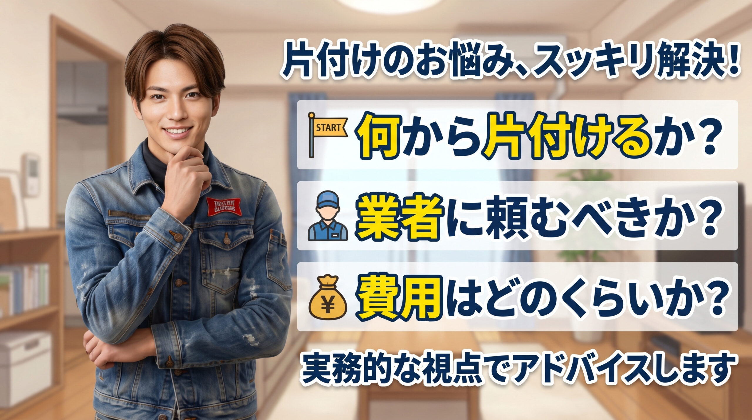 片付けの悩みを説明する男性スタッフの案内画像」