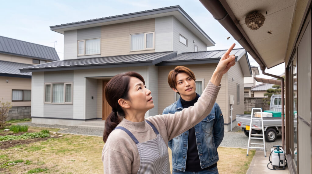 軒下にできた蜂の巣を確認する住人と作業員