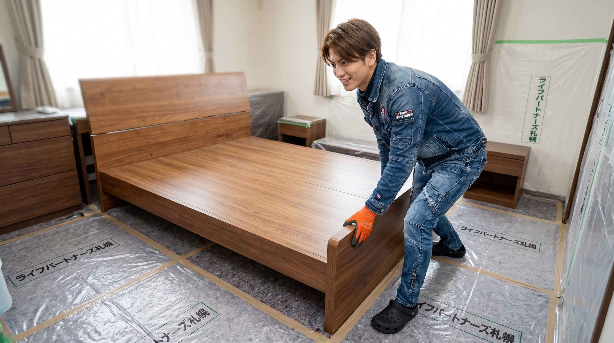 大型ベッドを運ぶ便利屋スタッフ