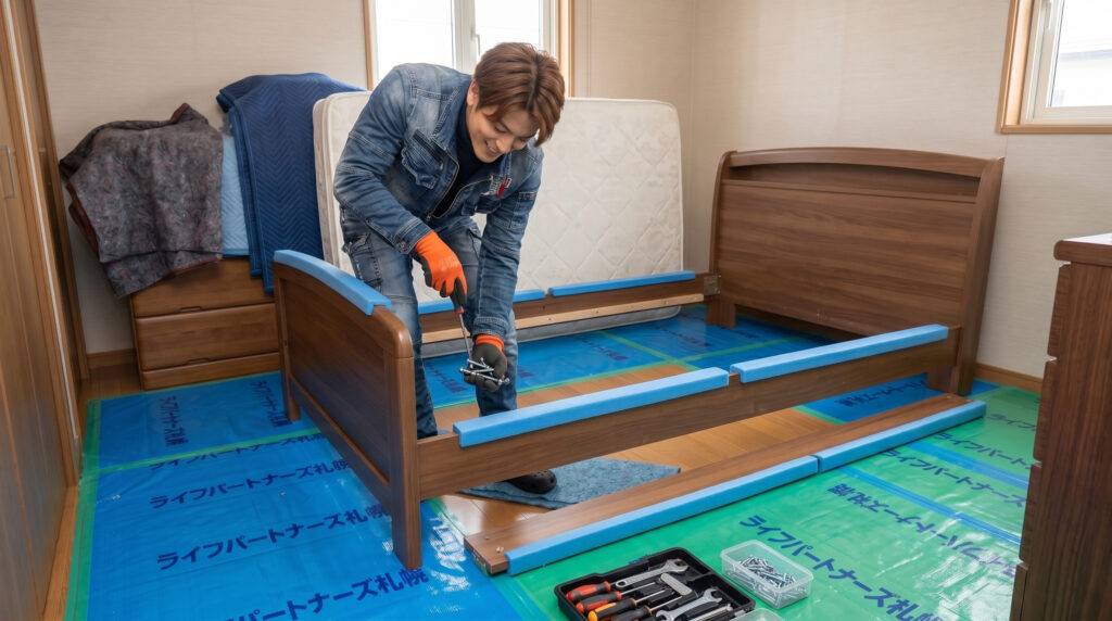 ベットの解体をする便利屋スタッフ