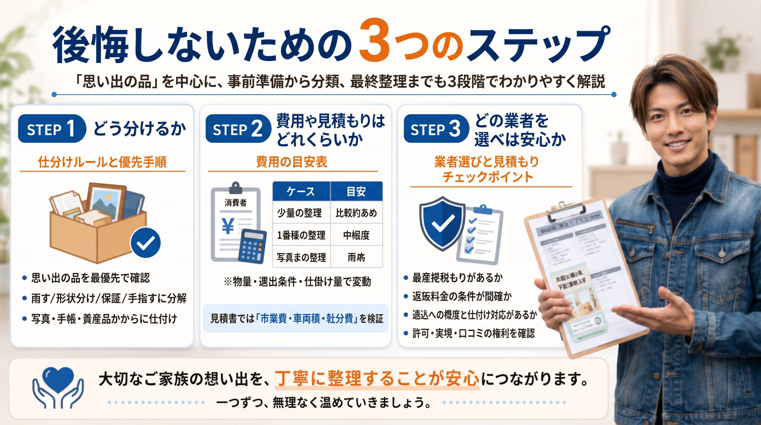 後悔しない遺品整理の進め方を3ステップで紹介する案内画像