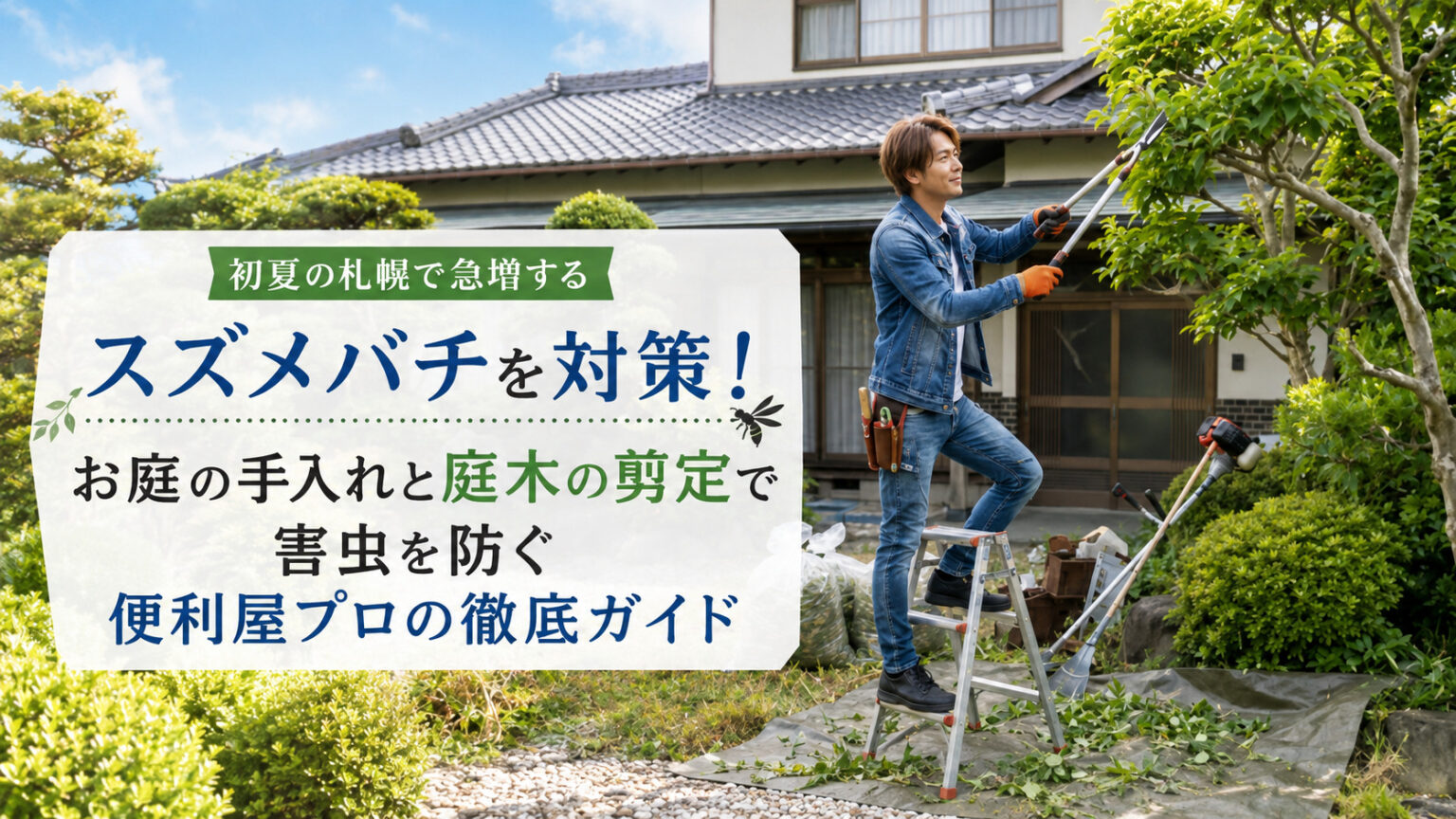 初夏の札幌で庭木の剪定を行う便利屋スタッフの害虫対策バナー