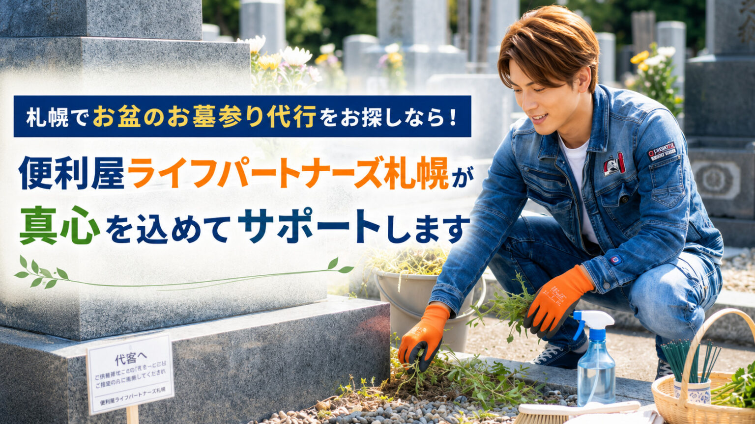 札幌でお盆のお墓参り代行を案内する便利屋スタッフの清掃バナー