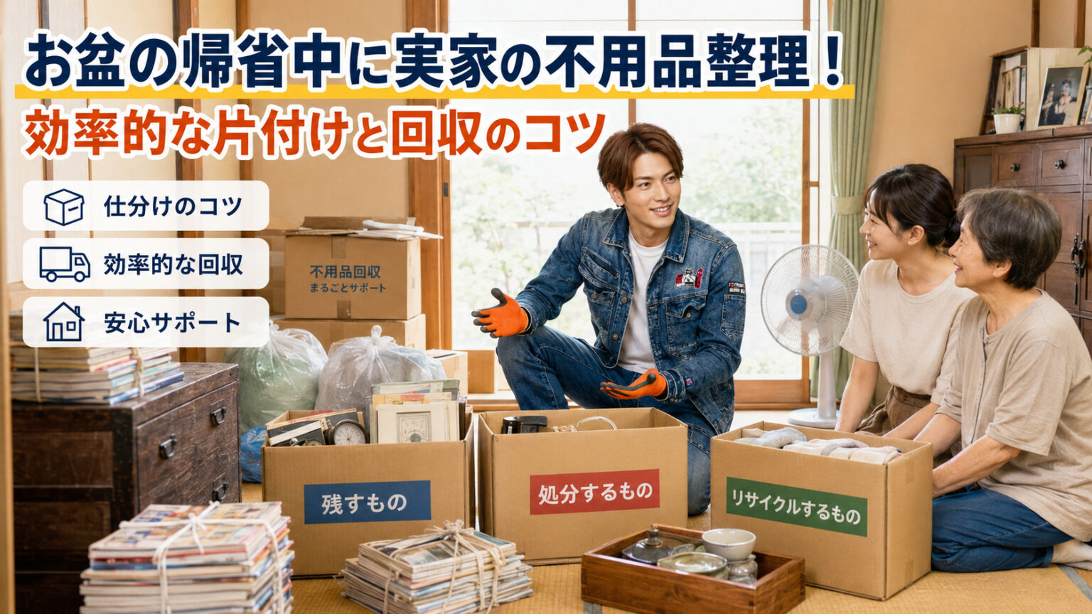 お盆の帰省中に実家の不用品整理を相談する札幌の便利屋スタッフ