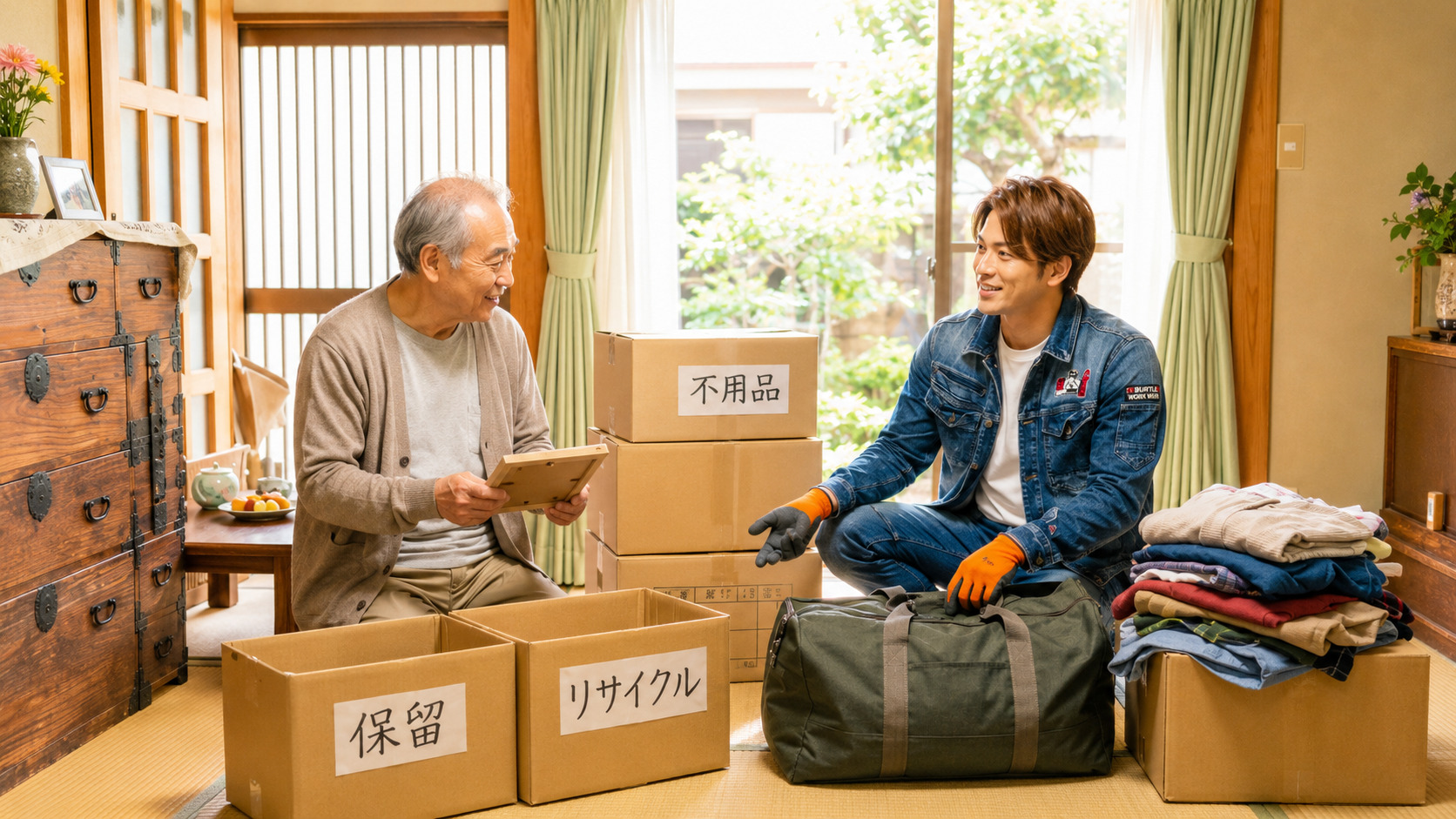 札幌の実家整理で不用品を仕分けする便利屋スタッフと高齢男性