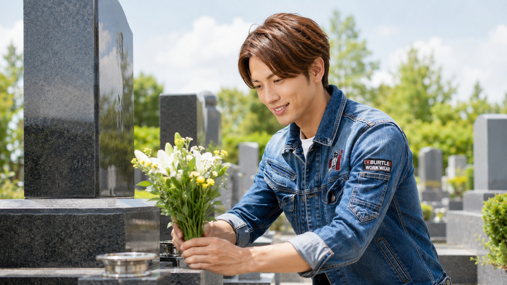 お墓参り代行で男性スタッフが墓前に花を供えている様子