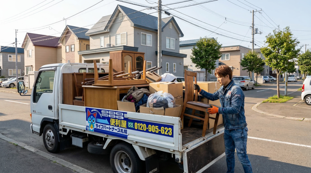 トラックの荷台に椅子を乗せる不用品回収業者