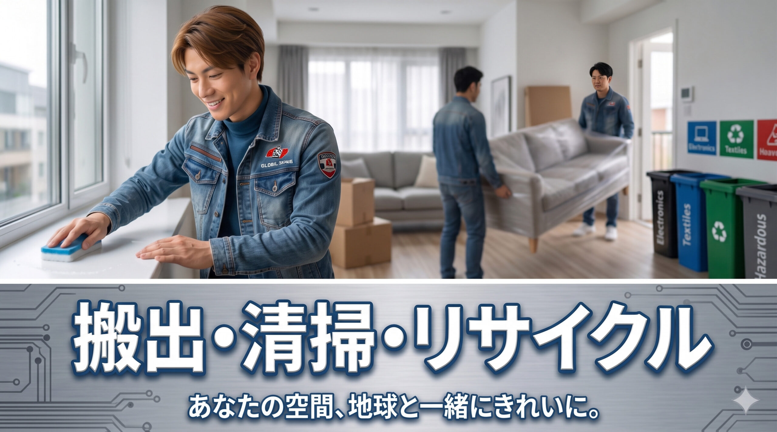 家具の搬出と清掃作業を行う便利屋スタッフの室内作業風景